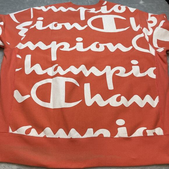 Champion Big AOP Logo Sweatshirt Mens XL Orange Reverse Weave All Over Print - Picture 2 of 9